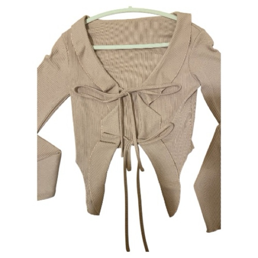 Dazy Salmon Long Sleeve Ribbed Tie-Front Top - Picture 5 of 8